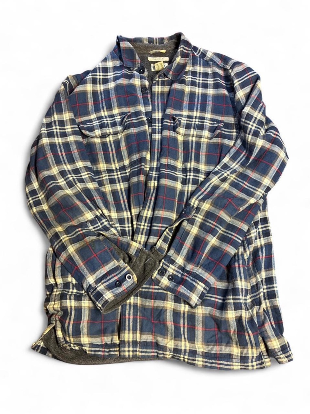 L.L. Bean Navy, Cream and Red Plaid Fleece-Lined Shirt Jacket